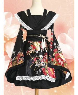 Japanese Style Flowers Printing Bowknot Black Kimono Classic Lolita Dress