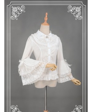 White Retro Mercerized Cotton Lace Flare Sleeve Lolita Blouse
