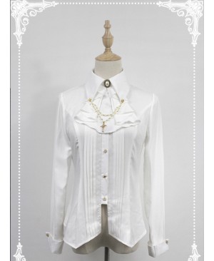 White Long Sleeve Cotton Stand Collar Bead Chain Lolita Blouse