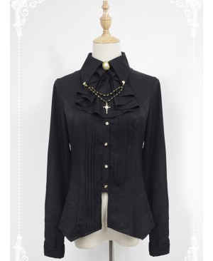 Black Long Sleeve Cotton Stand Collar Bead Chain Lolita Blouse