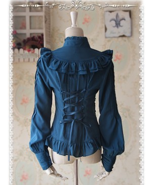 Moon's Elegy Standing Collar Accordion Pleats Deep Peacock Blue Chiffon Long Sleeve Classic Lolita Shirt