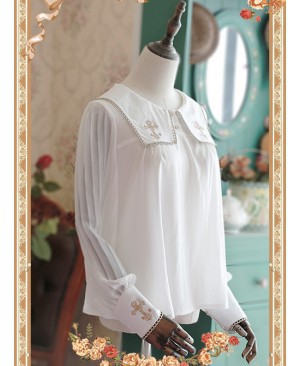 White Crucifix Chiffon Embroidery Square Neckline Lolita Long Sleeve Shirt