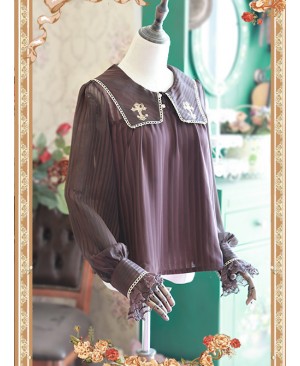 Coffee Color Crucifix Chiffon Embroidery Square Neckline Lolita Long Sleeve Shirt
