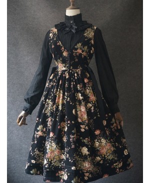 Black Flowers V Collar Corduroy Vest Dress