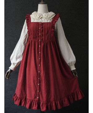 Dark Red Fungus Lace Corduroy Skirt Sweet Lolita Dress