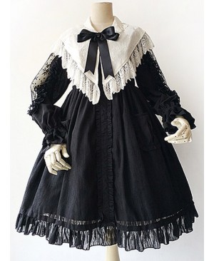 Black Lace Jacquard Cotton Cotton Material Waisted Doll Dress
