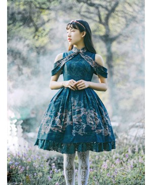 Blue Kowloon Missing Shoulder Print Dress