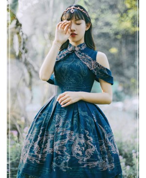 Blue Kowloon Missing Shoulder Print Dress