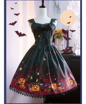 Black And Red Halloween Themed Pumpkin Printed Self Cultivation Skirt