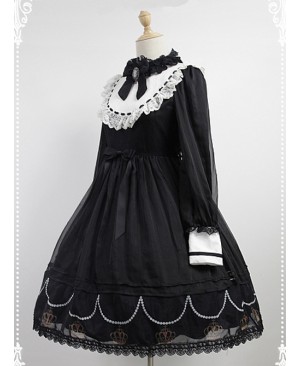 Black And White Long Sleeves OP With Crown Printed Skirt Hemline