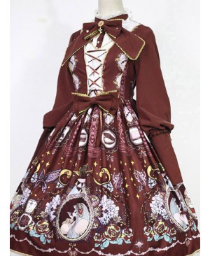 The Opera House at Midnight ~Lolita Stand Collar Long Sleeves OP Dress~Wine