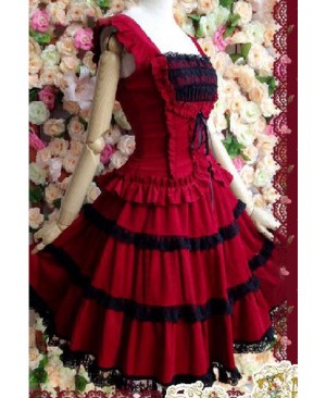 Dark Red Palace Wind Lace Waist Suspender Dress