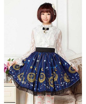 Sweet Dark Blue Stars & Moons Printed Lolita Pleated Skirt