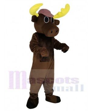 Brown Hunter Moose Mascot Costume with Hat Animal