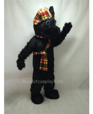 Cute Black Long Hair Scotty Dog Mascot Costume with Hat and Scarf