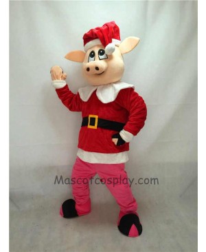 Cute Hog with Santa Coat & Hat Christmas Mascot Costume
