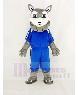 Power Gray Husky Dog in Blue Mascot Costume Animal