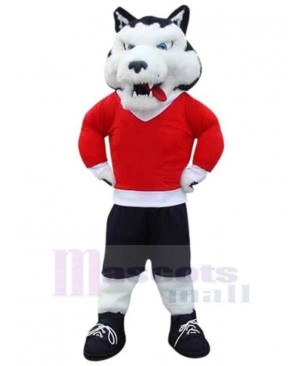 White Sport Wolf Mascot Costume Animal in Red Clothes