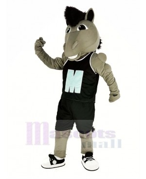 Grey Power Mustang Horse with Black Sportswear Mascot Costume