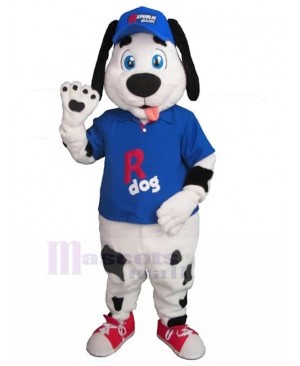 Black Spotted Dalmatian Dog Mascot Costume with Blue Baseball Suit Animal