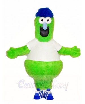 Fluffy Green Monster with Blue Hat Mascot Costumes 