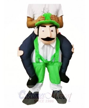 Piggyback Bearded Uncle Carry Me Ride Green Overalls Man Mascot Costume