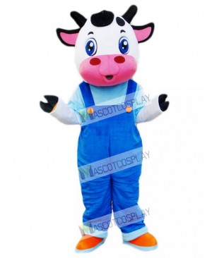 Cow in Blue Overalls Mascot Costume