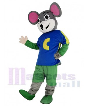 Cute Chuck E. Cheese Mouse in Blue T-shirt Mascot Costume