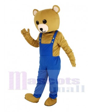 Brown Teddy Bear in Blue Overalls Mascot Costume Animal