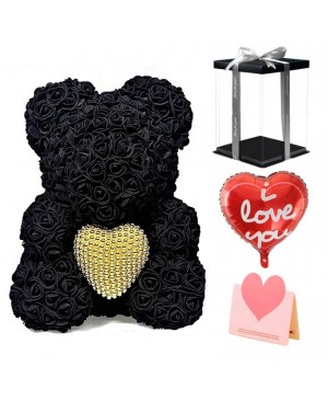 Black Rose Teddy Bear Flower Bear with Pearl Heart Best Gift for Mother's Day, Valentine's Day, Anniversary, Weddings and Birthday