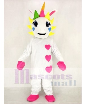 White Unicorn with Hearts and Colorful Horn Mascot Costume Animal