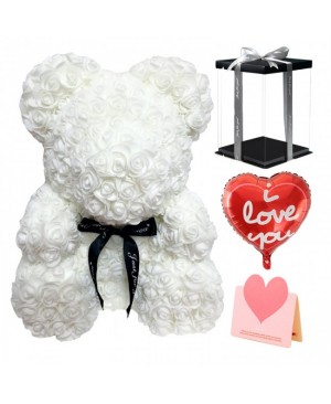 White Rose Teddy Bear Flower Bear with Balloon, Greeting Card & Gift Box for Mothers Day, Valentines Day, Anniversary, Weddings & Birthday