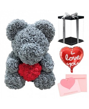 Grey Rose Teddy Bear Flower Bear with Red Heart with Balloon, Greeting Card & Gift Box for Mothers Day, Valentines Day, Anniversary, Weddings & Birthday