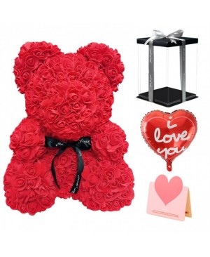 Red Rose Teddy Bear Flower Bear Gift for Mothers Day, Valentines Day, Anniversary, Weddings & Birthday with Balloon, Greeting Card & Clear Gift Box Included 10 Inches