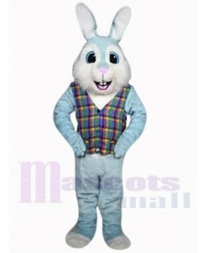 Blue Easter Bunny Mascot Costume Animal in Plaid Shirt