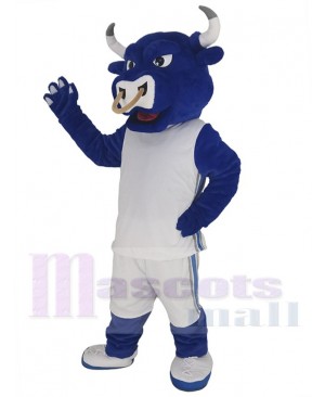 College Blue Bull Mascot Costume Animal in White Jersey