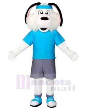 White Sport Dog Mascot Costume Animal in Blue T-shirt