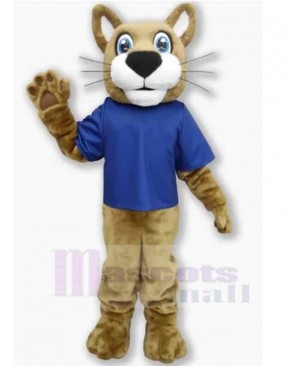 Friendly Wildcat Mascot Costume Animal in Blue T-shirt