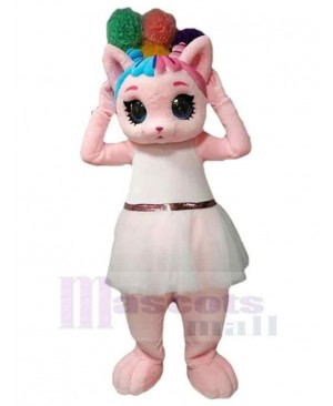 Pink Cat Mascot Costume Animal in White Dress