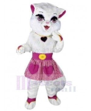 White Pet Cat Mascot Costume Animal with Pink Skirt