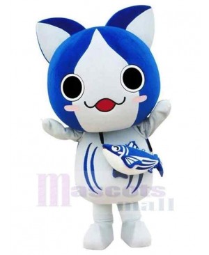 Blue and White Cat Carrying Fish Bag Mascot Costume Cartoon