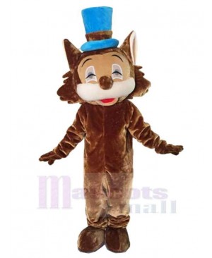 Happy Brown Cat Mascot Costume Animal with Blue Hat