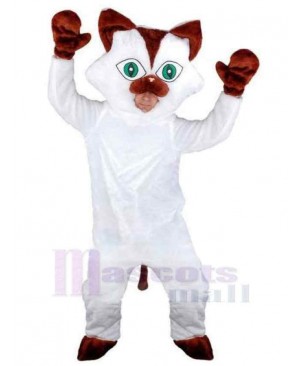 Brown Ears White Cat Mascot Costume Animal with Green Eyes