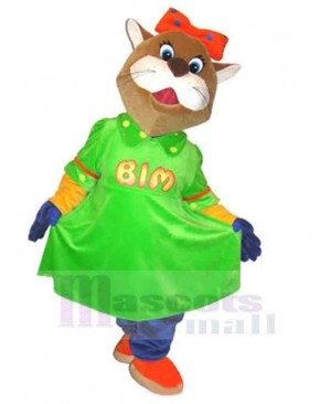 Happy Brown Cat Mascot Costume Animal in Green Dress