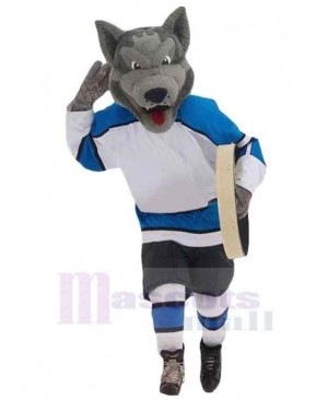 College Gray Wolf Mascot Costume Animal in Blue and White Sportswear