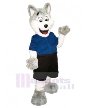 Cute White and Grey Wolf Mascot Costume Animal in Blue T-shirt