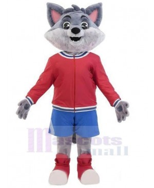 Wolf Mascot Costume Animal in Red Baseball Jacket