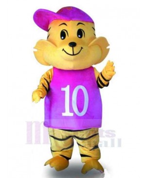 Happy Tiger Mascot Costume Animal with Purple Hat