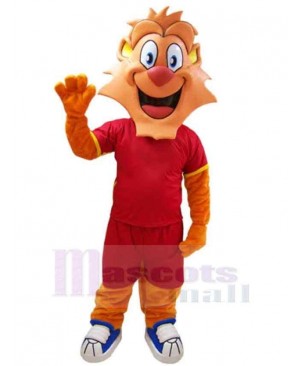 Happy Lion Mascot Costume Animal in Red Sportswear