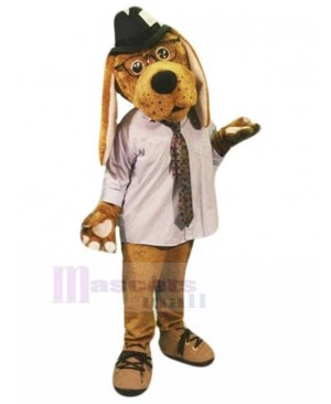 Brown Dog in White Shirt Mascot Costume with Black Hat
